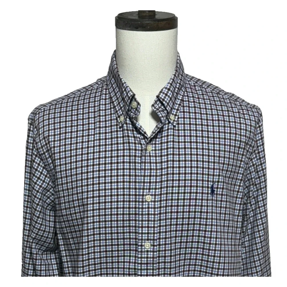 Polo Ralph Lauren Shirt Mens XL Brown Blue Plaid Button Down Long Sleeve Pony
